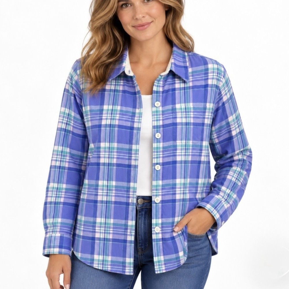LL Bean Blue Plaid Fleece Lined Flannel Button Up Shirt Jacket Shacket Size XS